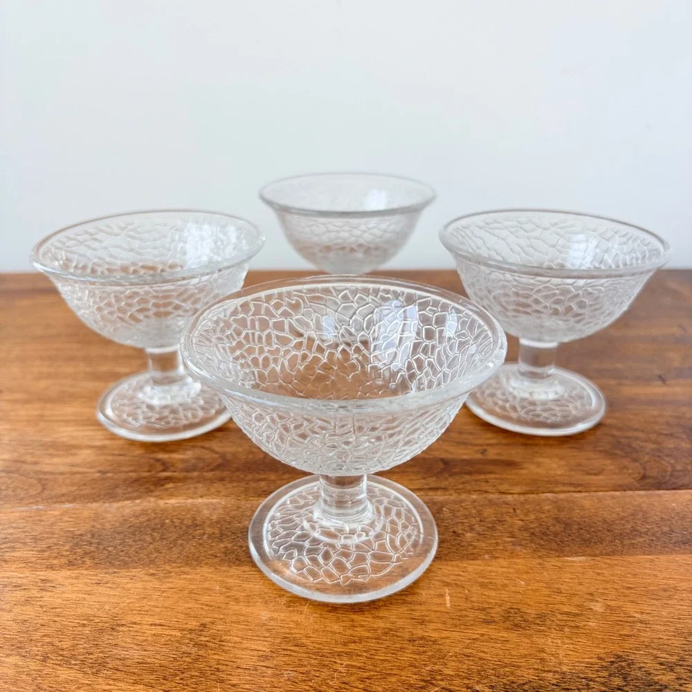 Vintage Clear Crackle Glass Dessert Bowls Set of 4 Stemmed Ice Cream Cups 4in